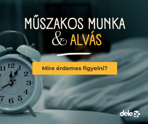 a képen egy ágy és egy fehér ébresztőóra látható, mellette a következő felirat: "Műszakos munka és alvás" illetve "Mire érdemes figyelni?"